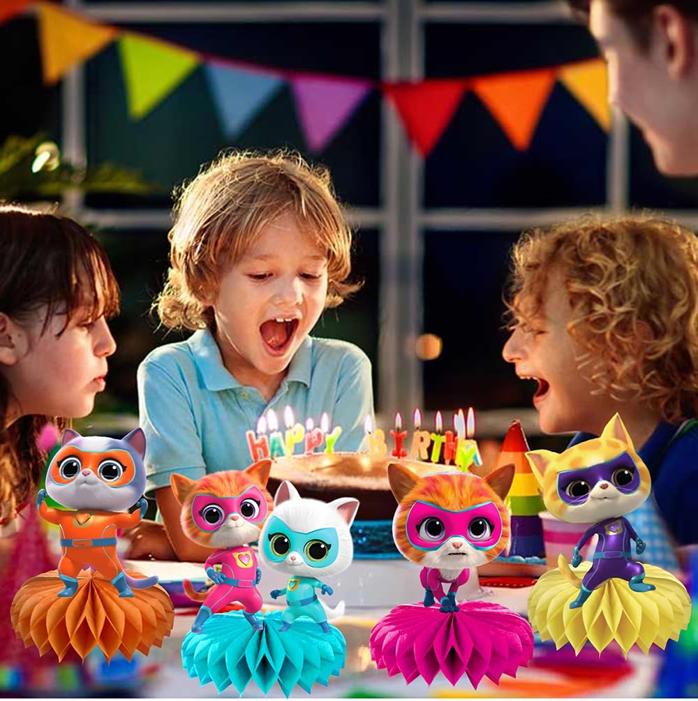 8Pcs Super Cats Honeycomb Table Centerpiece, Cartoon Cats Birthday Party Supplies Table Decorations for Kids Party Decorations