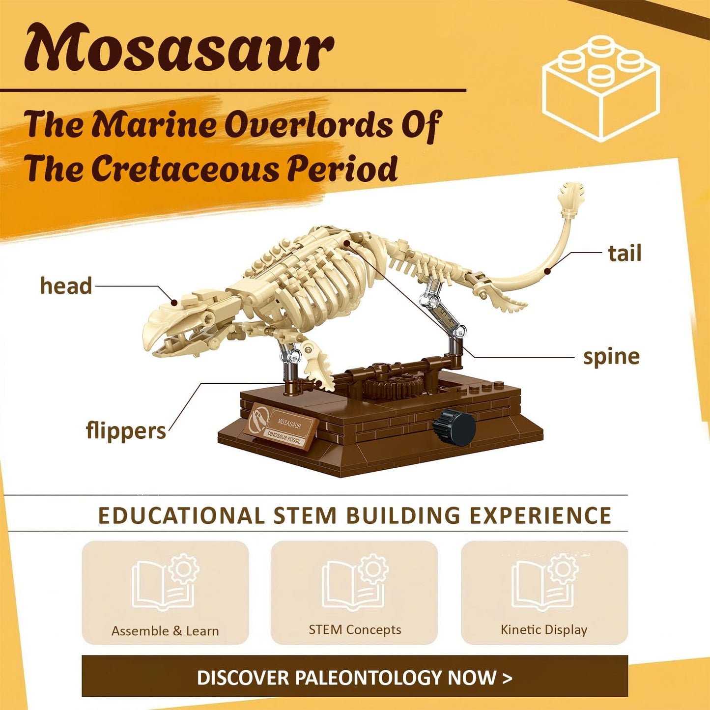 Myth Qholve Mosasaurus Dinosaur Fossil Building Set, 191PCS Movable Skeleton Model Kit with Museum Display Stand, Prehistoric Marine Reptile Building