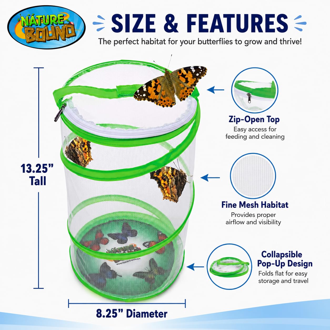 Nature Bound Butterfly Growing Kit - Live Caterpillar to Butterfly Project for Kids - Includes Voucher for Caterpillars, Green Pop-Up Enclosure,