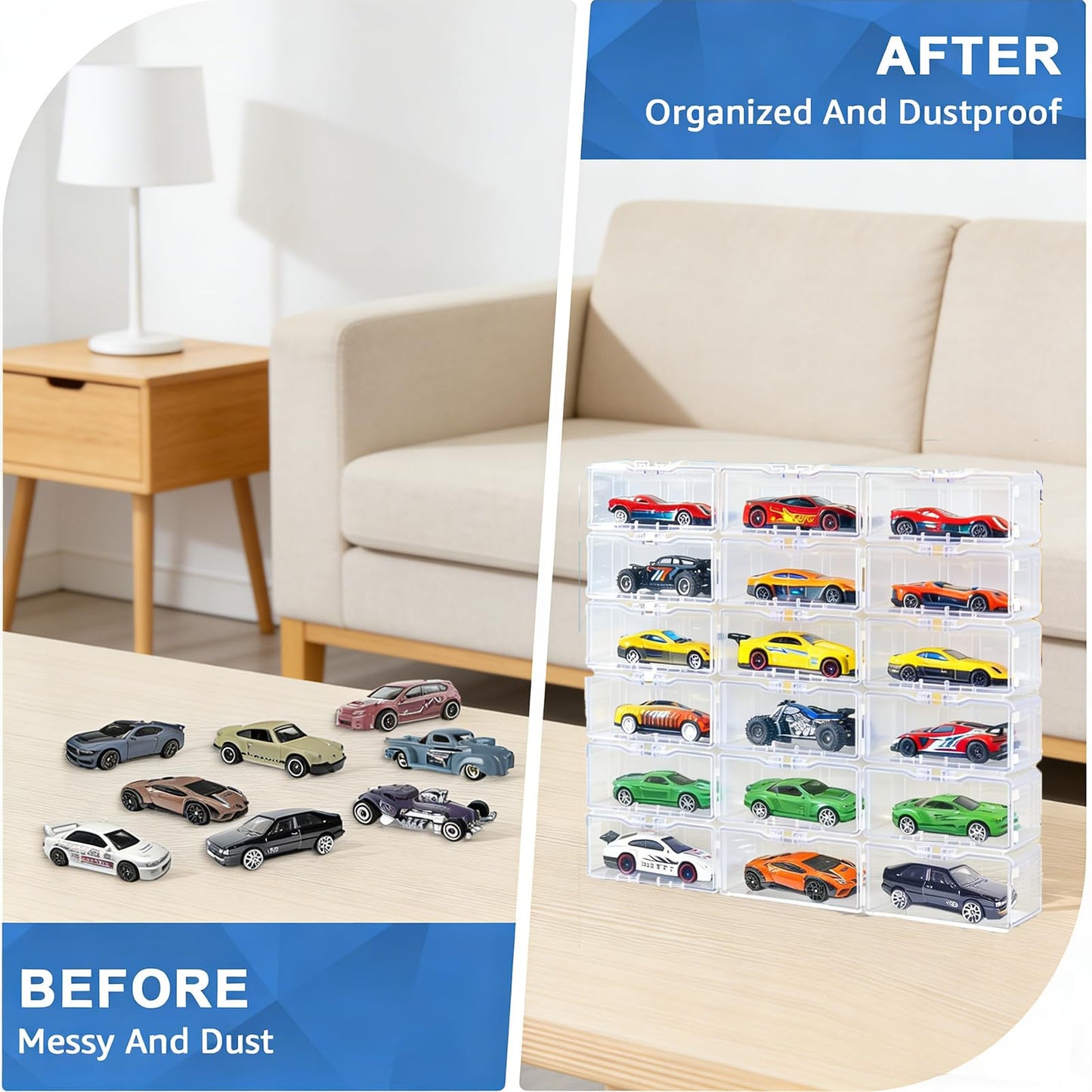 80-Pack Interlocking Toy Car Storage Case for 1/64 Scale Die-Cast Cars, Compatible with Hot Wheels & Matchbox Mini Cars, Clear Dustproof Stackable