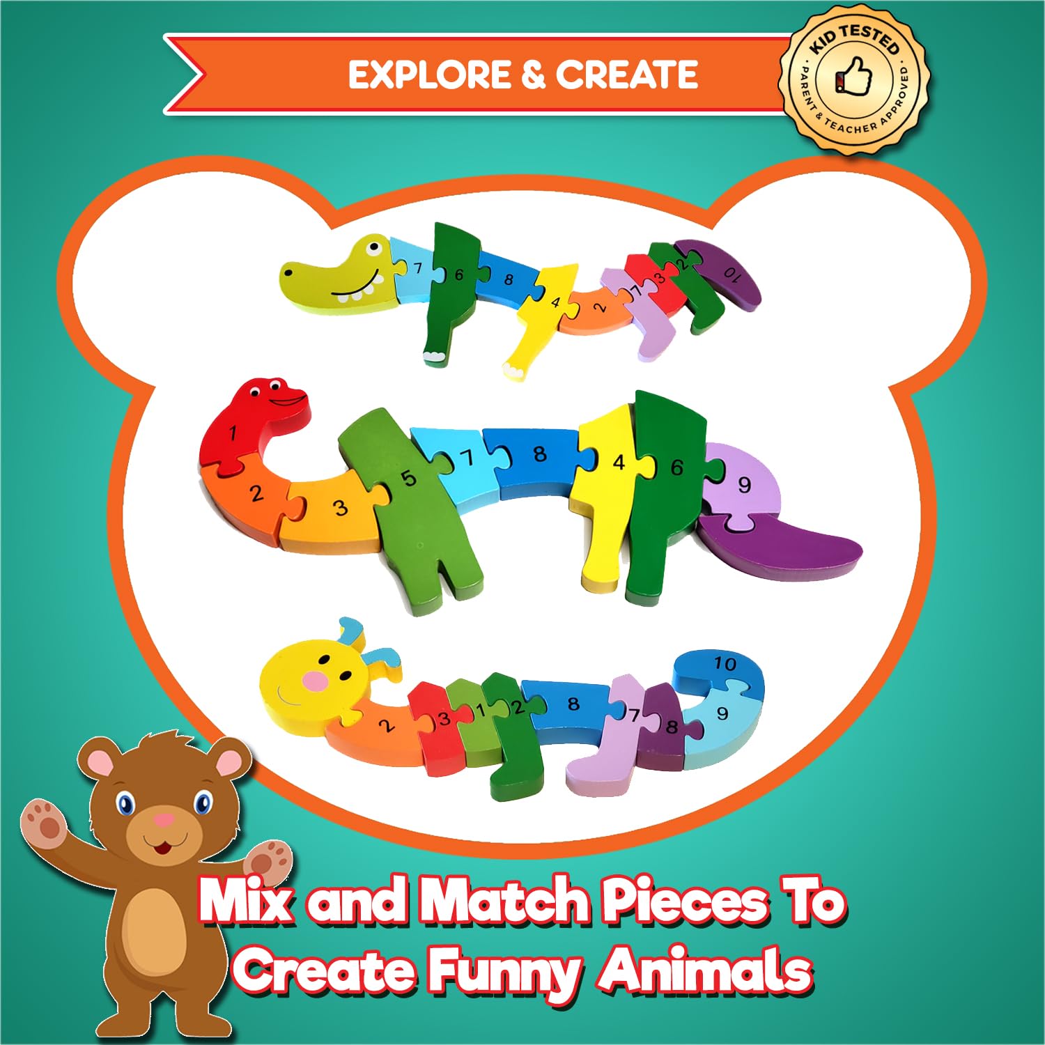 Animal Wooden Puzzles for Toddlers - Colors and Counting Building Toys and Toddler Games | Montessori Toys Wood Blocks with Storage Box and Learning