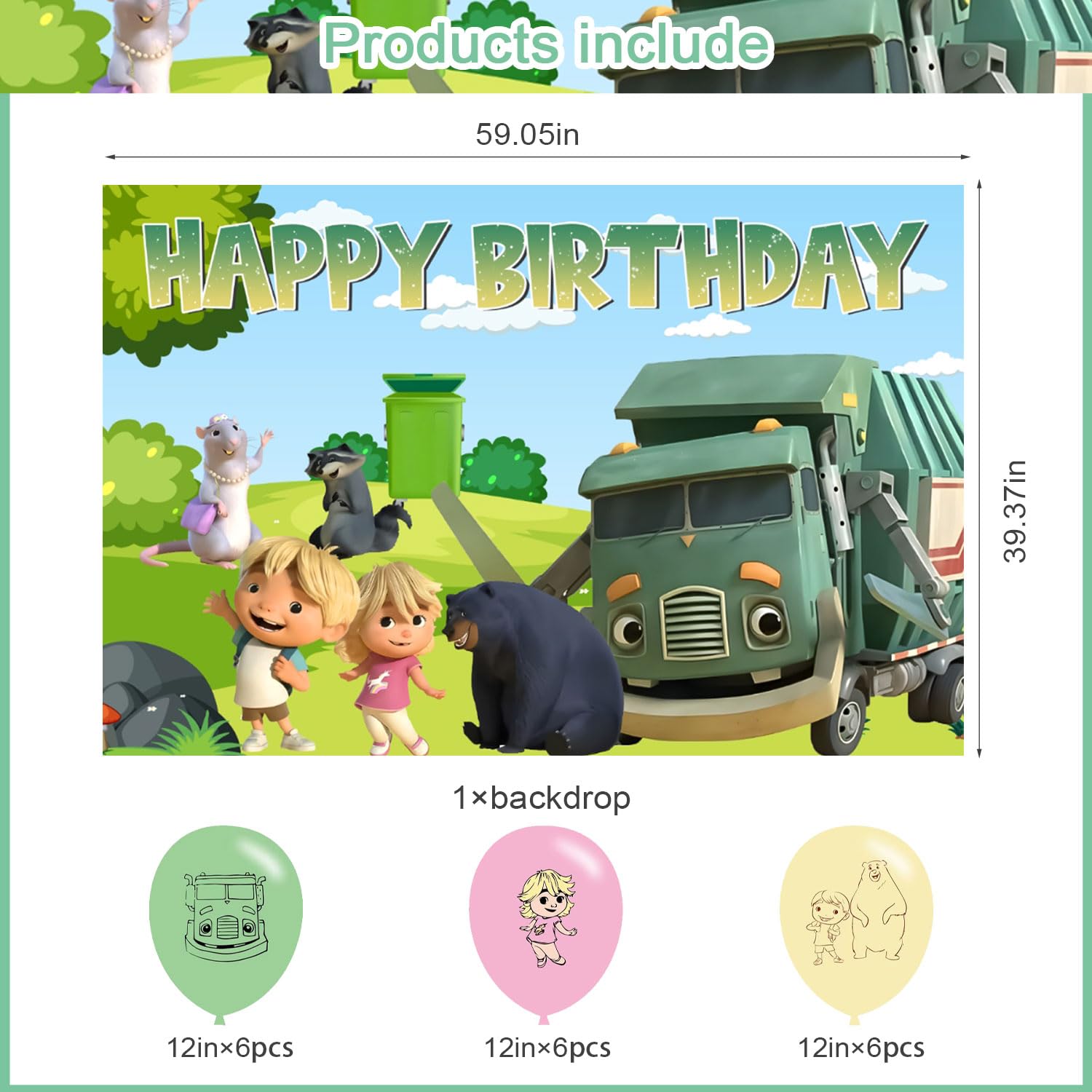Ezcpigei Trash Truck Birthday Banner - 5x3ft, Green, 18pcs Balloons, Indoor, Wall Mount, Rectangular, Standard Banner, Waste Management