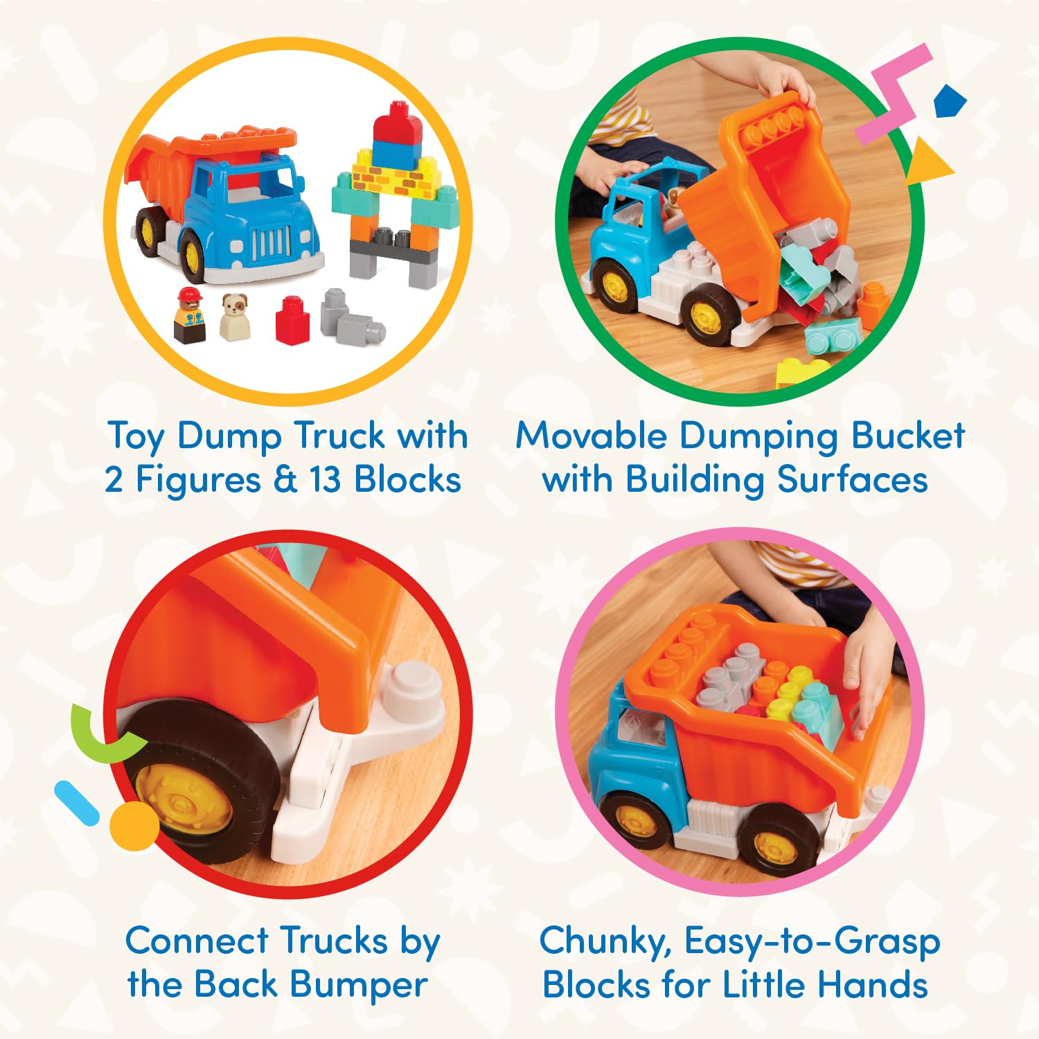 Battat - Large Building Blocks - 80 Colorful Pieces - 8 Wheel Bricks - Zippered Storage Bag - 12 Months + - Bag o' Blocks