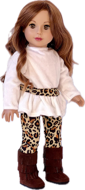 18 inch Dol Clothes - Fashion Safari - 3 Piece 18 inch Doll Outfit - Ivory Velvet Tunic, Cheetah Leggings and Fringed Boots - (Doll Not Included)
