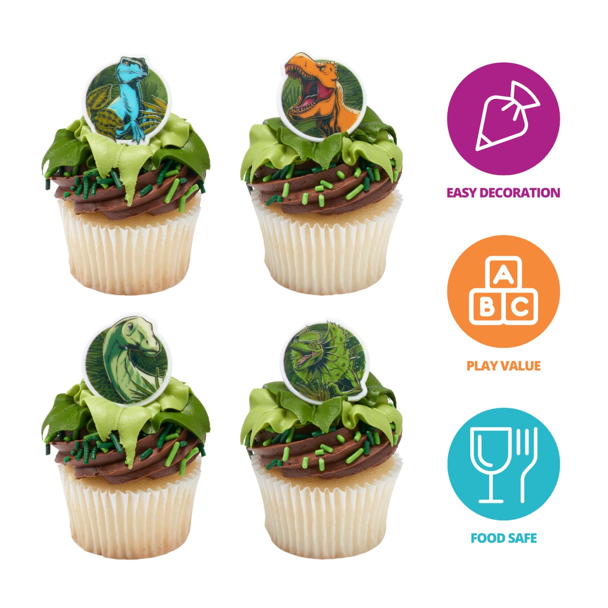 DecoPac Jurassic World Cupcake Rings, 24 Dinosaur Cupcake Decorations For Birthday, Party, Celebrations- 24 Pack