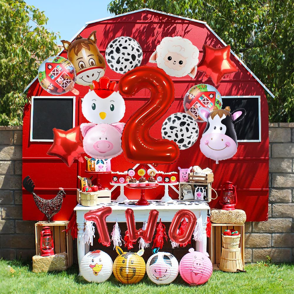 14PCS Farm Animal Balloons, Chicken Pig Donkey Cow Sheep Large Number 2 and Letter TWO Foil Balloon for 2nd Farm Animal Theme Birthday Party Decor