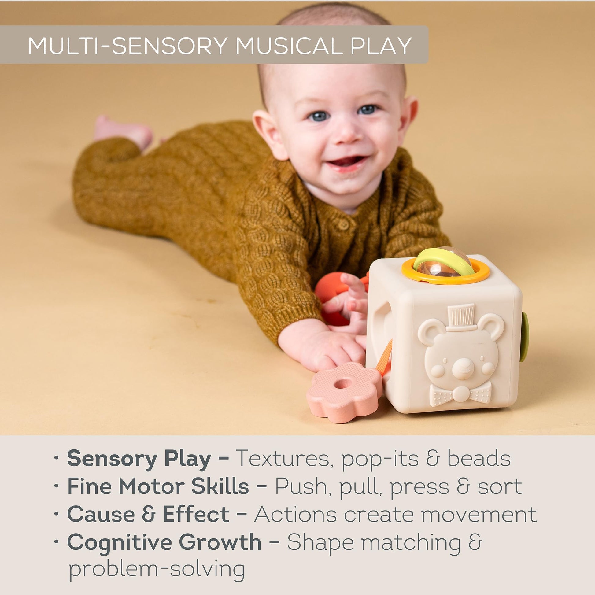 Taf Toys Busy Cube Toy Silicone Activity Cube for Baby 6 Months & Up Pop-It, Shape-Sorting, Sensory Exploration Spinning Bead Ball Develop Motor