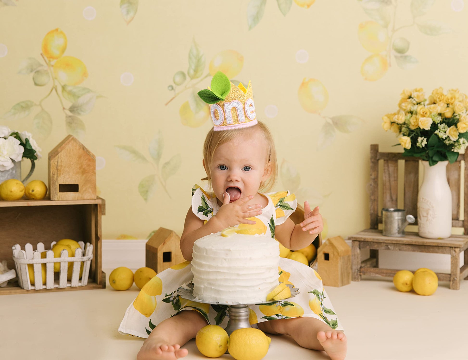 LINLULU Lemon 1st Birthday Crown - Lemon Birthday Decorations, Light Pink And Lemon Yellow Birthday Hat, Birthday Tiara, Cake Smash Props