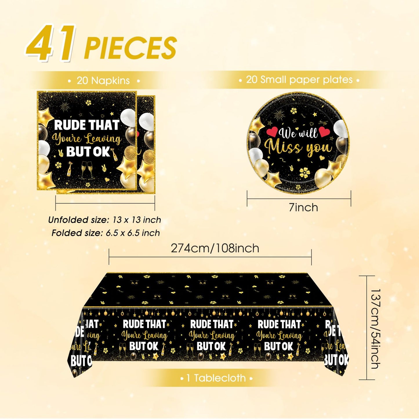 41Pcs We Will Miss You Decorations Rude That You'Re Leaving But Ok Party Supplies Black Gold Plates Napkins Tablecloth, for Coworker Leaving Farewell