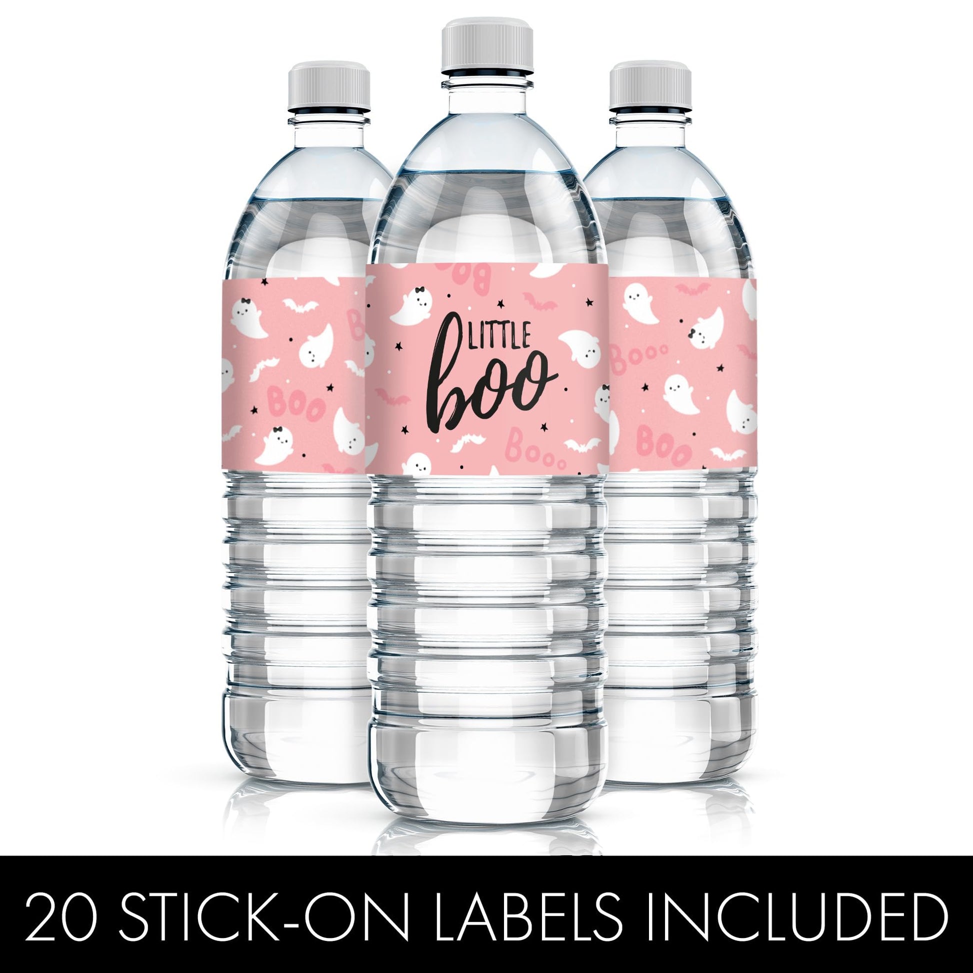 Pink Little Boo Ghost Girl Baby Shower Water Bottle Labels, 20 Count