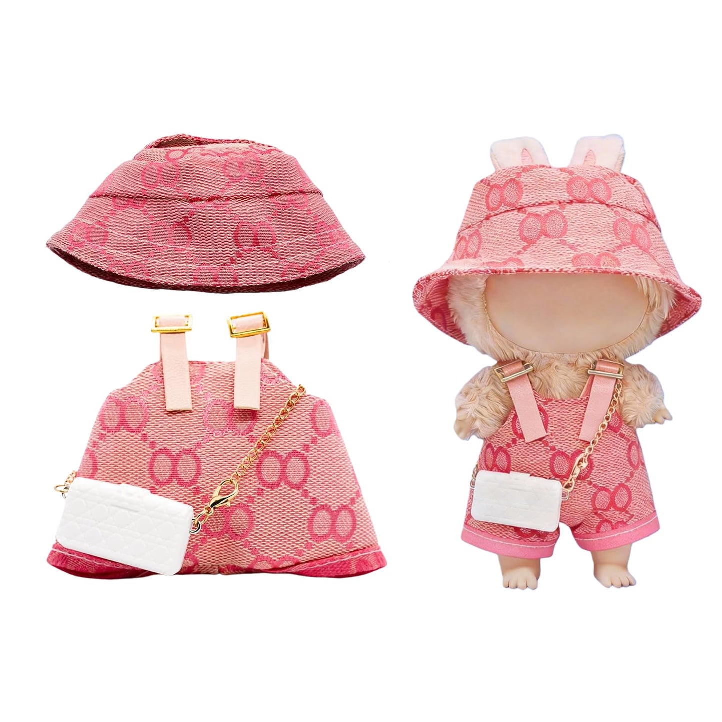 LYBHYQTII Clothes Compatible with Labubu 17cm, Premium Handmade Dolls Accessories with Chic Grid Hat & Rompers & Bag 3 Piece Set, High-End Fashion
