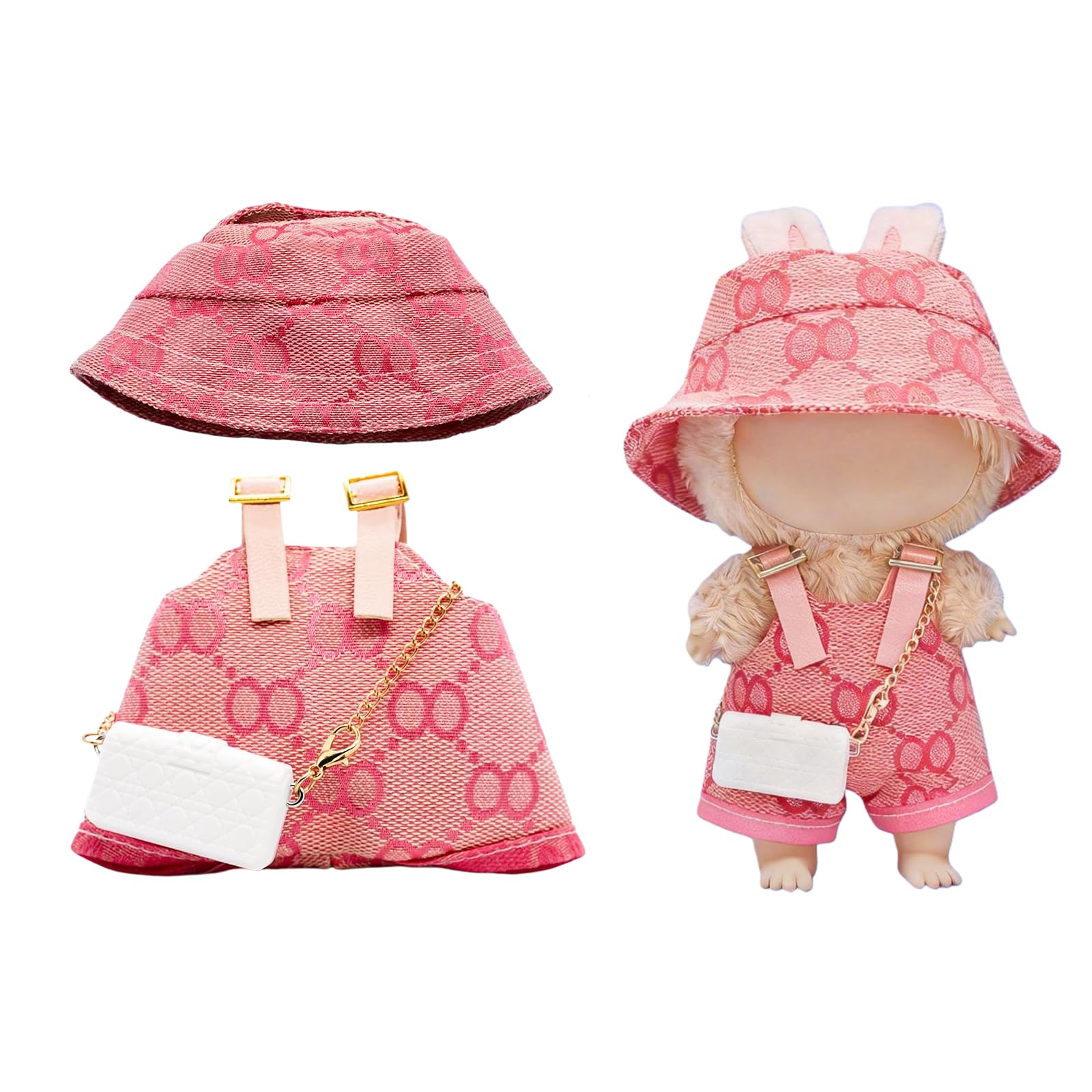 LYBHYQTII Clothes Compatible with Labubu 17cm, Premium Handmade Dolls Accessories with Chic Grid Hat & Rompers & Bag 3 Piece Set, High-End Fashion