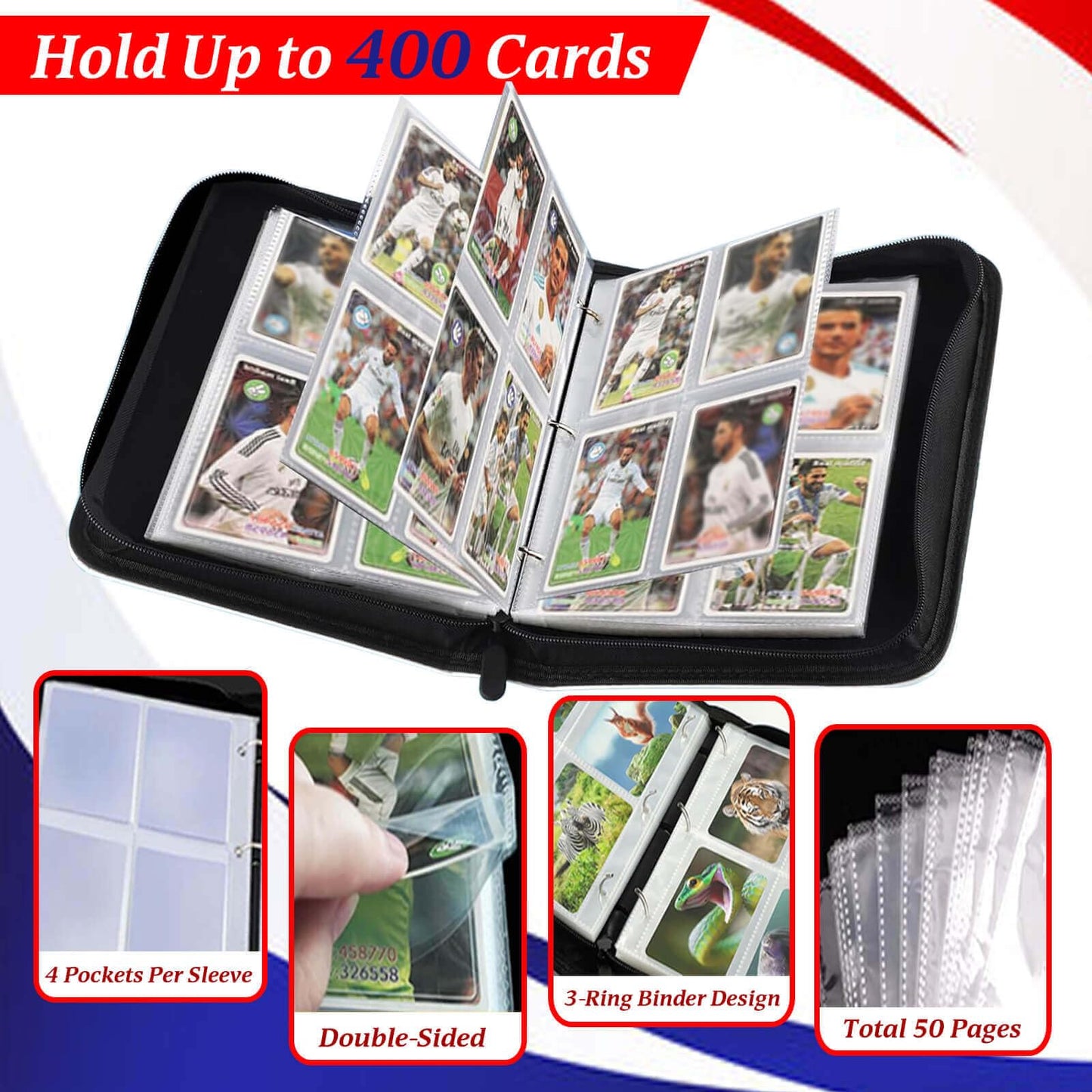 Trading Card Binder 4-Pocket, 400 Pockets Collectible Trading Card Album with 50 Removable Double-Sided Pages for MTG, TCG Game Cards and Sports Cards