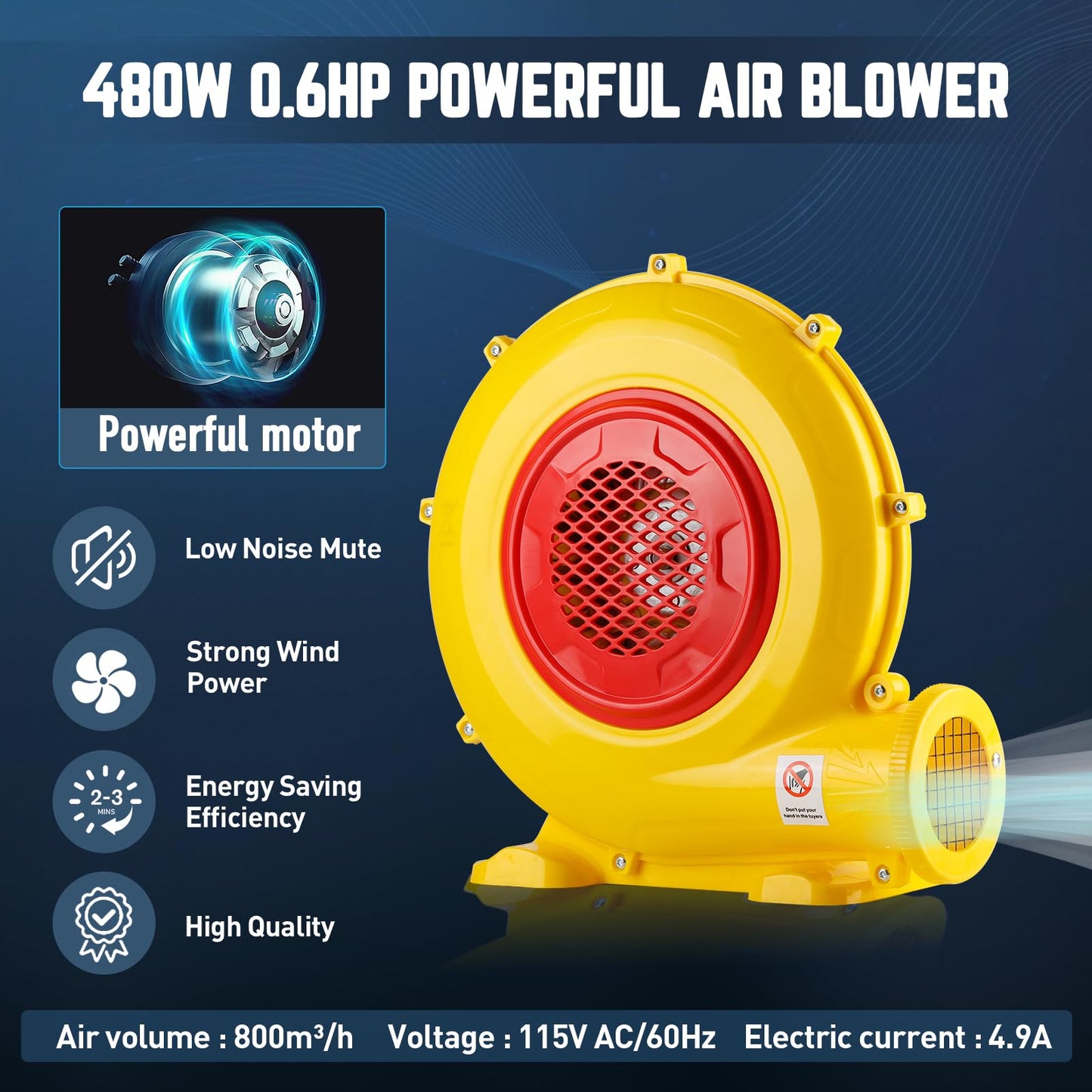 TKLoop 480W 0.6HP Air Blower for Inflatable, Pump Fan Commercial Inflatable Bouncer Blower, Perfect for Inflatable Water Bounce House, Jumper, Bouncy
