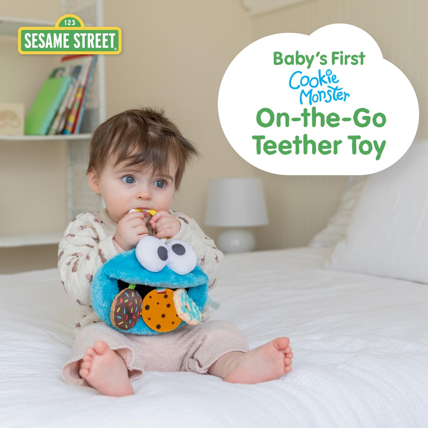Kids Preferred Sesame Street Cookie Monster On The Go Activity Toy with Silicone Teether, Crinkle Sounds, and Rattle for Babies and Infants