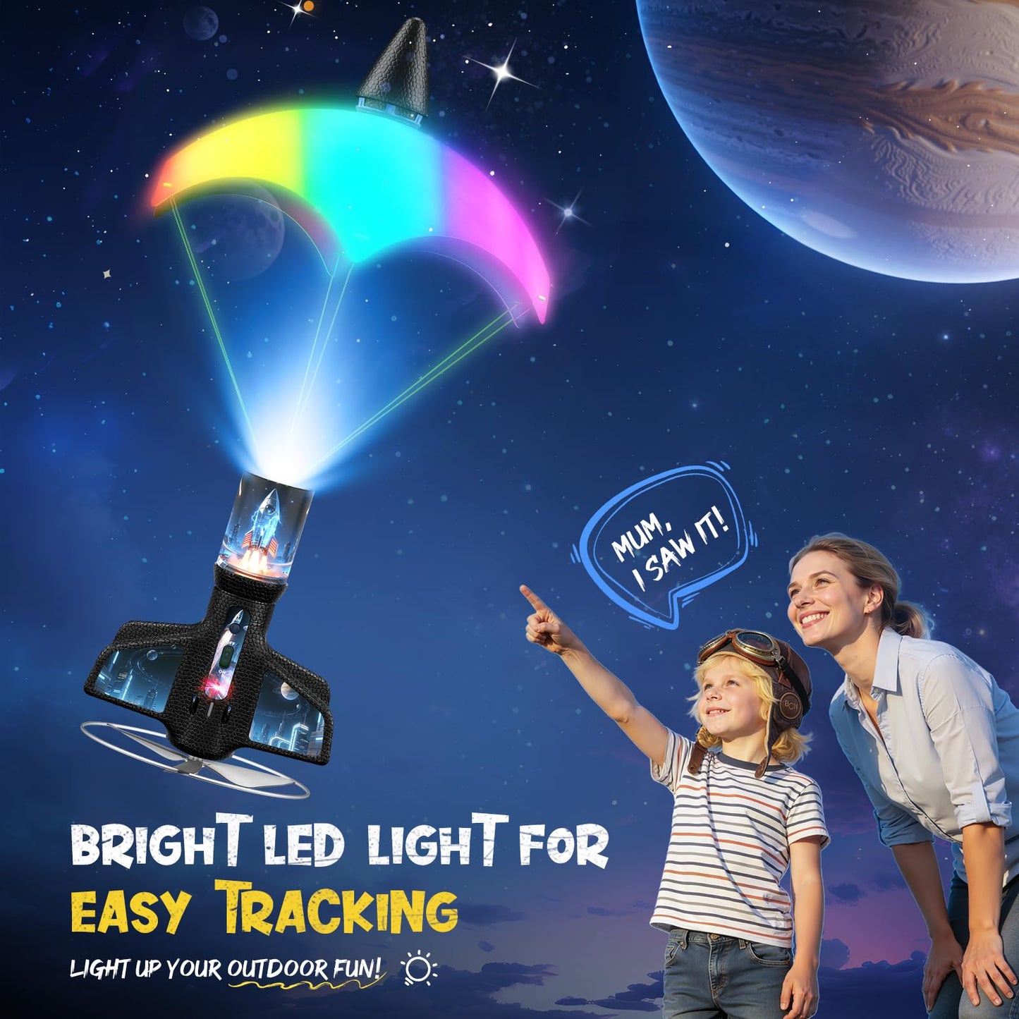 ZeroPhear Rocket Launcher for Kids, 200 ft Auto Launching Spinner Rocket Toy with LED and Safety Parachute, 2-Altitude Launch, USB Rechargeable