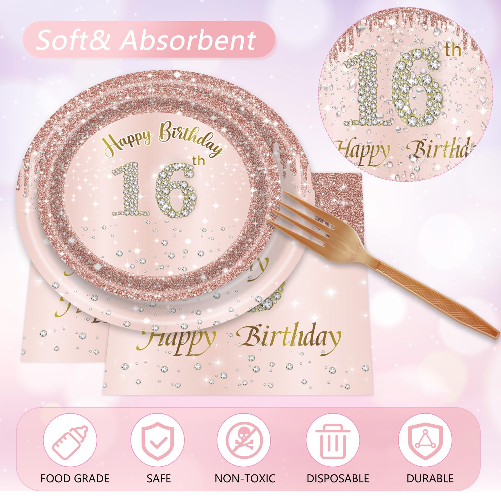 96 PCS Sweet 16 Party Decorations Rose Gold 16th Birthday Decorations for Girls16th Birthday Party Plates and Napkins Sweet Sixteen Birthday Party