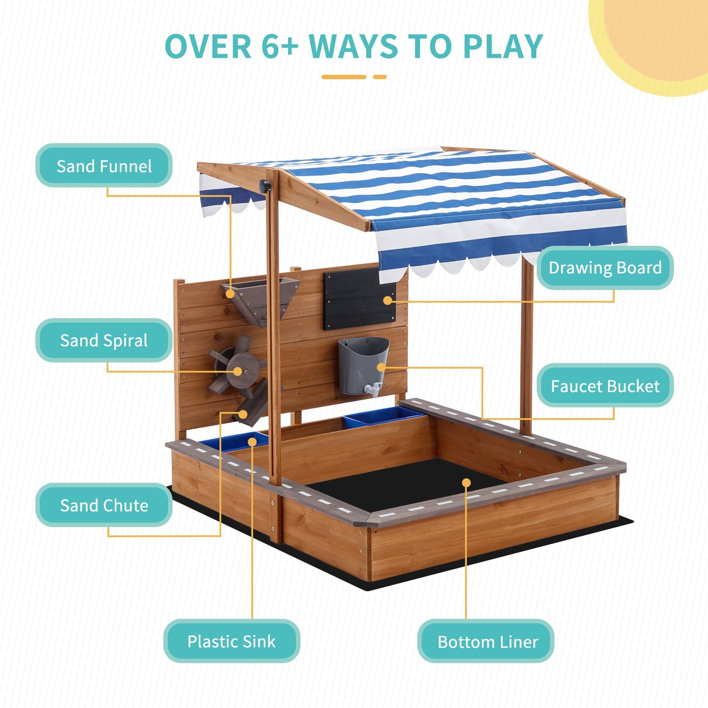 Kids Large Wooden SandBoxes with Roof, Pipleo Outdoor Sand Box Play w/Canopy for Backyard Garden Beach, Sand Pit for Beach Patio Outdoor, [Adjustable