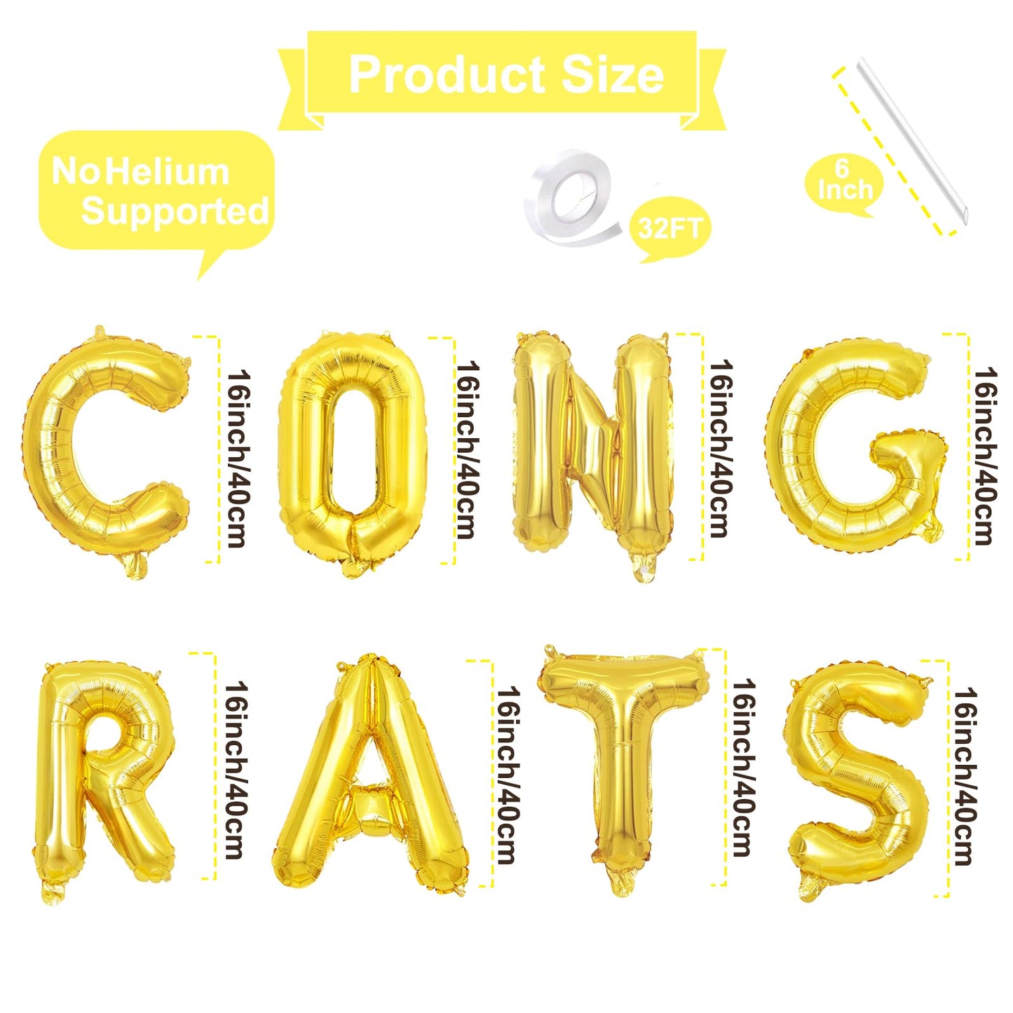 16 Inch Gold 'CONGRATS' Balloon Banner - Congratulations Foil Mylar Letter Balloons Decorations for Graduation, Proms, Engagements, Weddings Party