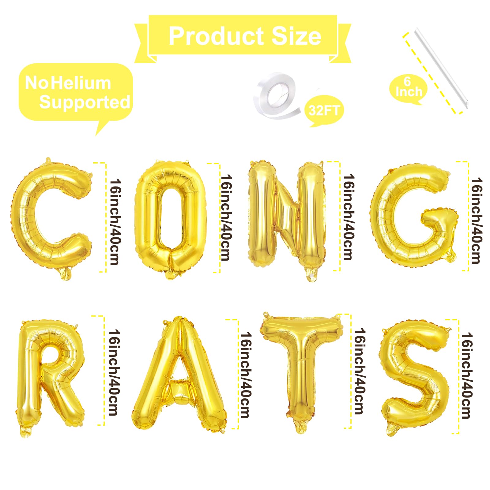 16 Inch Gold 'CONGRATS' Balloon Banner - Congratulations Foil Mylar Letter Balloons Decorations for Graduation, Proms, Engagements, Weddings Party