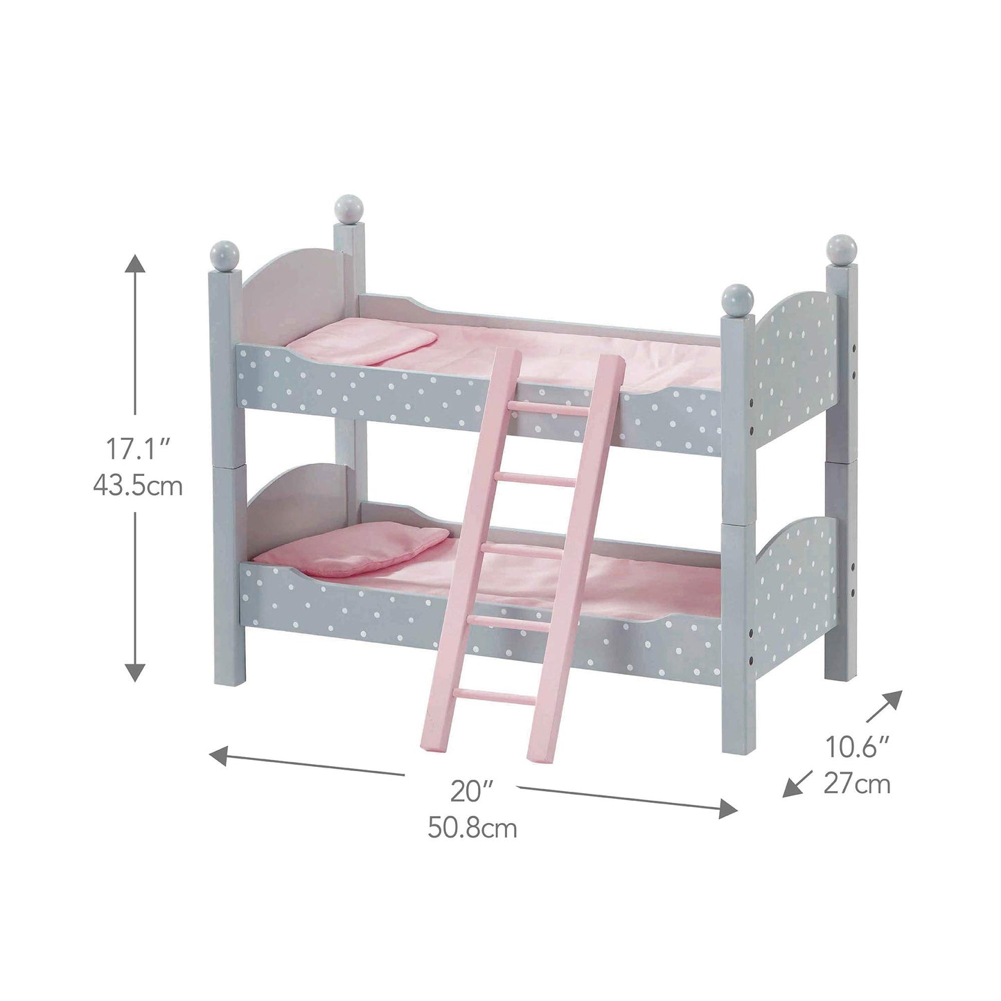 Olivia's Little World 18 in. Doll Wooden Convertible Bunk Bed Stacked on Top or Unstacked as Two Single Beds, Gray with White Polka Dots and Pink