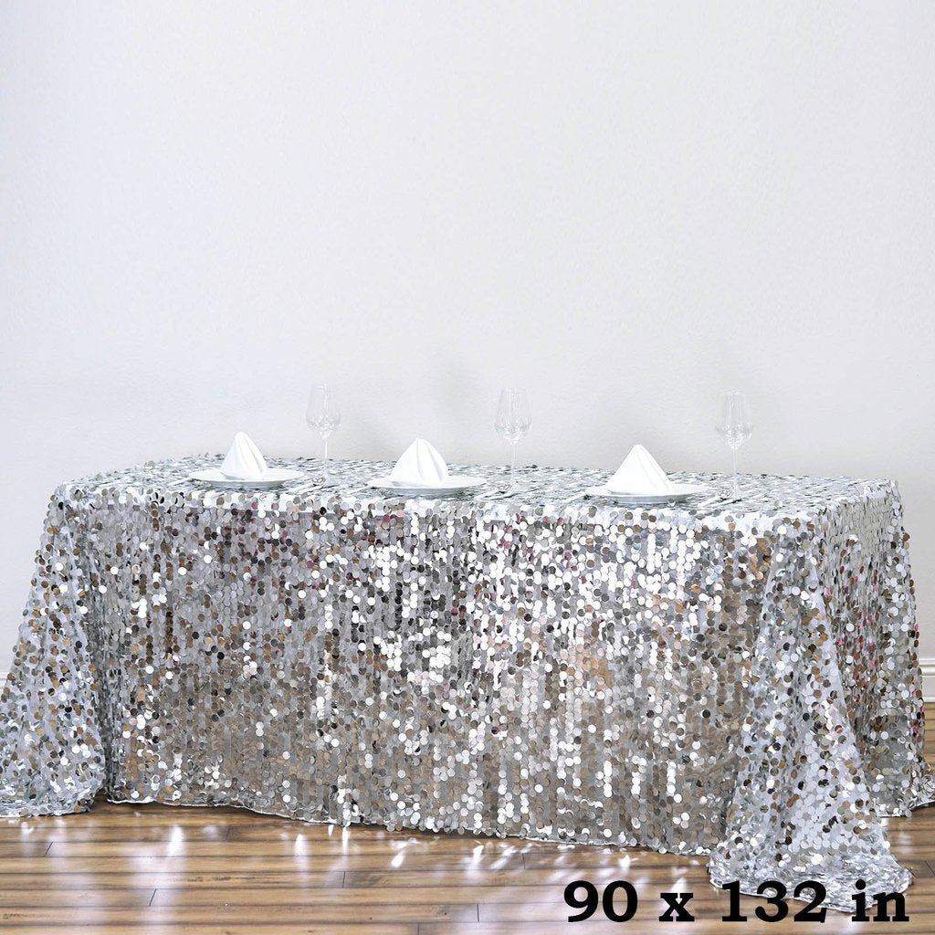 BalsaCircle 90-Inch x 132-Inch Silver Big Payette Sequin Tablecloth Table Linens Wedding Party Events Decorations Kitchen Dining