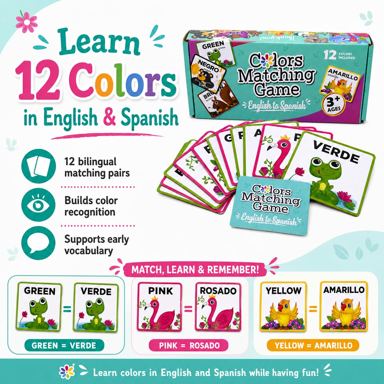 Urban Supply Co Bilingual Colors Matching Memory Game - Learn Spanish and English Colors. ESL and Language Immersion for Early Children's Bilingual