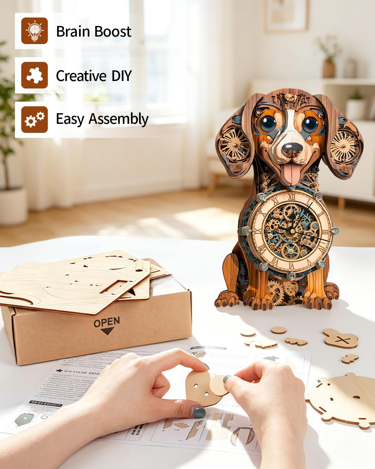 3D Wooden Puzzles for Adults, Dachshund Clock with Pendulum Model Kit, 3D Puzzles for Adults Room Home Decor DIY Wall Clock Kit, Holiday Birthday
