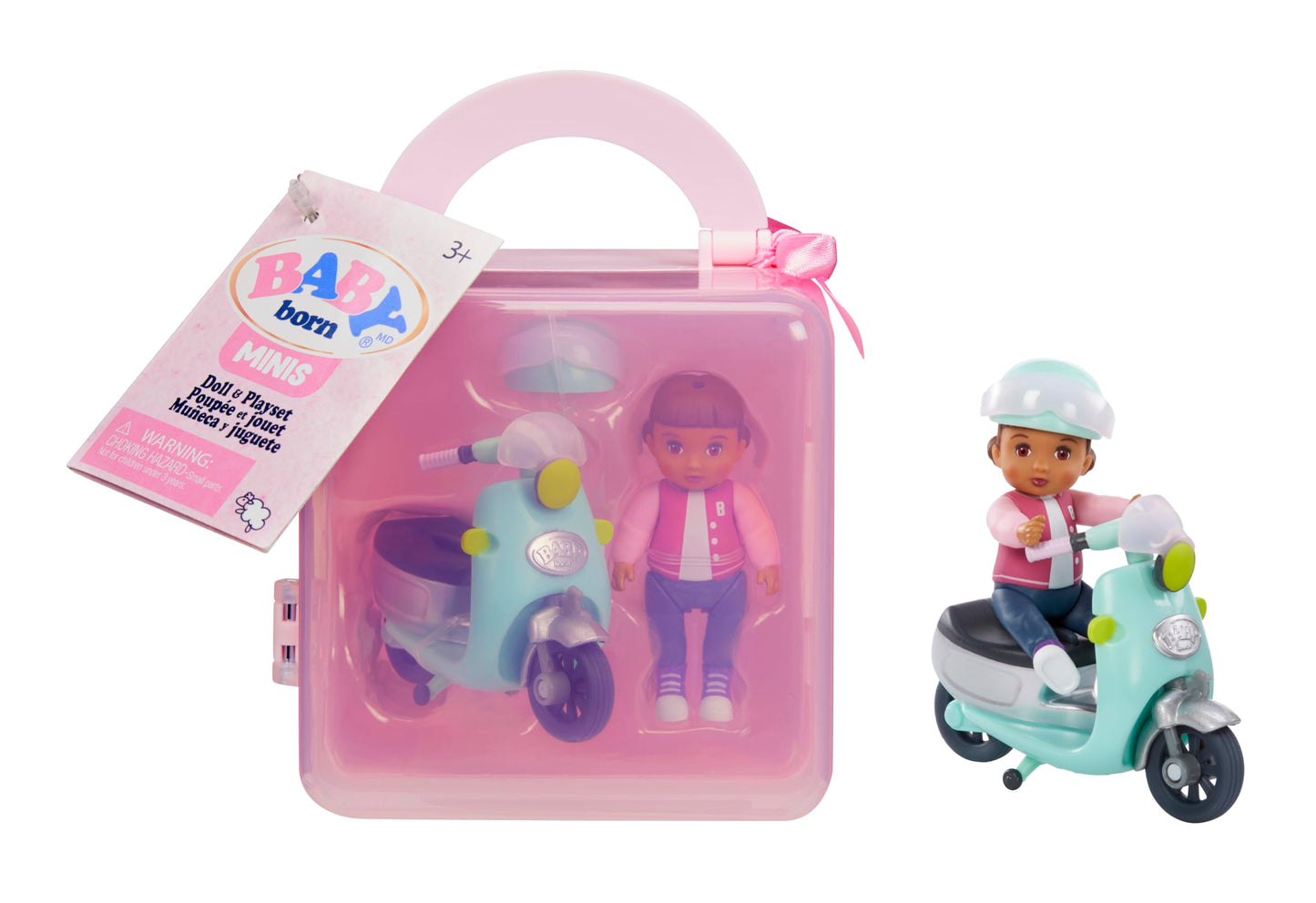 Baby Born MINIS Playset - Medium Tan Skin Tone Doll with Brown Eyes, Scooter & Helmet Accessory, Includes Reusable Carrying Case for On-The-Go