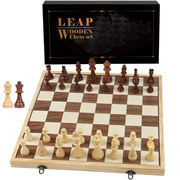 LEAP Wooden Chess Set 17" Inches - 2 Extra Queens - Folding Board Raised Edge, Handmade Portable Travel Chess Board Game Sets with Game Pieces Storage