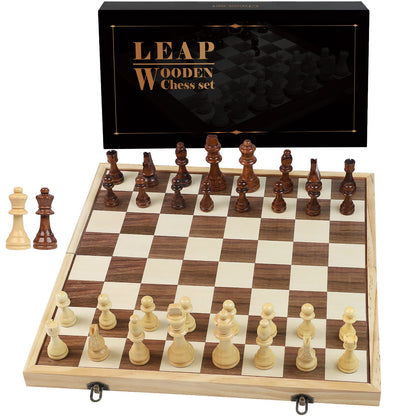 LEAP Wooden Chess Set 17" Inches - 2 Extra Queens - Folding Board Raised Edge, Handmade Portable Travel Chess Board Game Sets with Game Pieces Storage