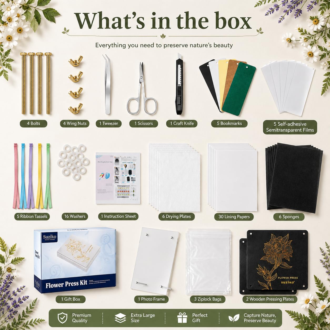Suziko Large Flower Press Kit 11.8 x 8.7 inch 6 Layers with Photo Frame and Book Marks,Plant Pressing Kit for Adults Measures, Fast Making Pressed