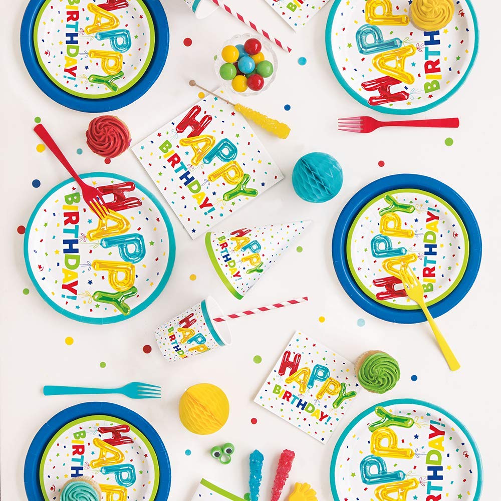 Unique Happy Balloon Birthday Round Multicolor Dessert Plates - 7" (Pack of 8) - Colorful Birthday Celebration Tableware - Perfect for Kids & Adults