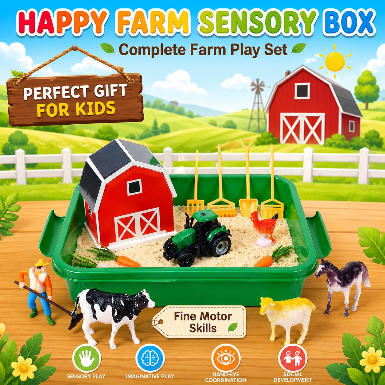 Carolart Farm Sensory Bin with Sensory Sand, Barn Toys & Tractor