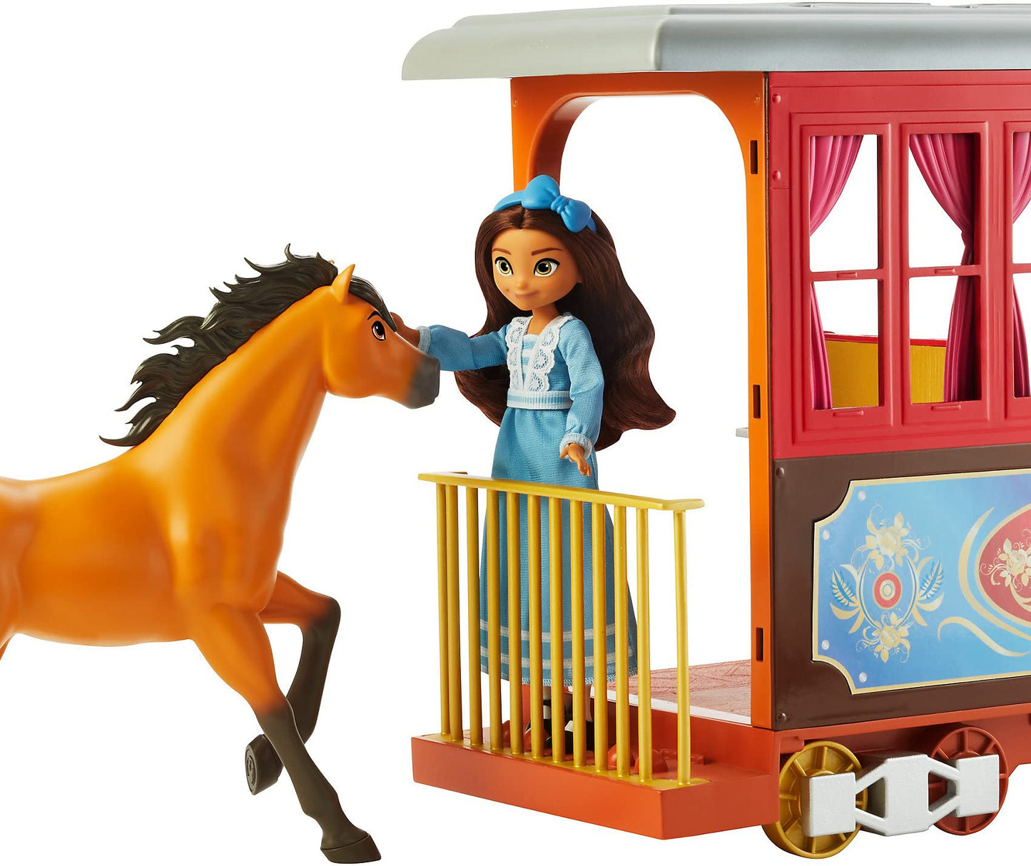 Mattel Spirit Untamed Lucky’s Train Home Playset, Train with Rolling Wheels Balcony, Dining Accessories, Lucky Doll (7-in), Spirit (Approx.8-in) &