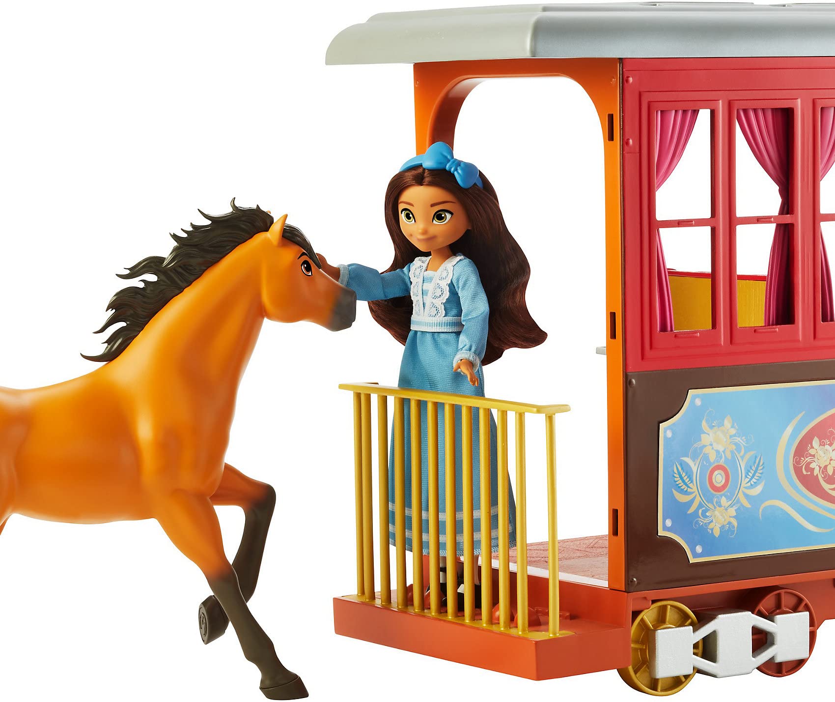 Mattel Spirit Untamed Lucky’s Train Home Playset, Train with Rolling Wheels Balcony, Dining Accessories, Lucky Doll (7-in), Spirit (Approx.8-in) &
