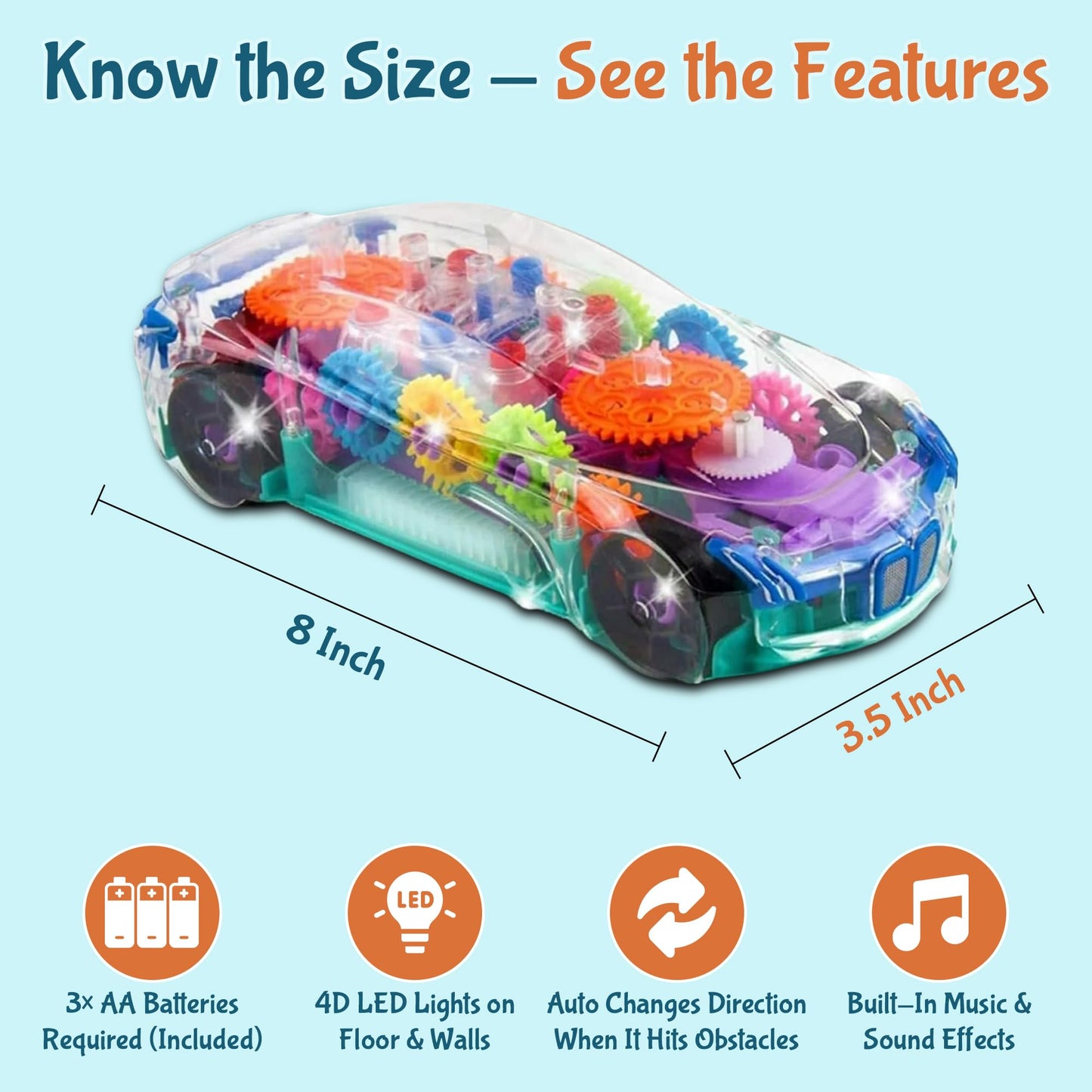 TOOTY TOY Transparent Sensory Gear Toy Car for Kids, Bump & Go Toy Car with Colorful Moving Gears, Music & LED Lights, Interactive Light Up Toys