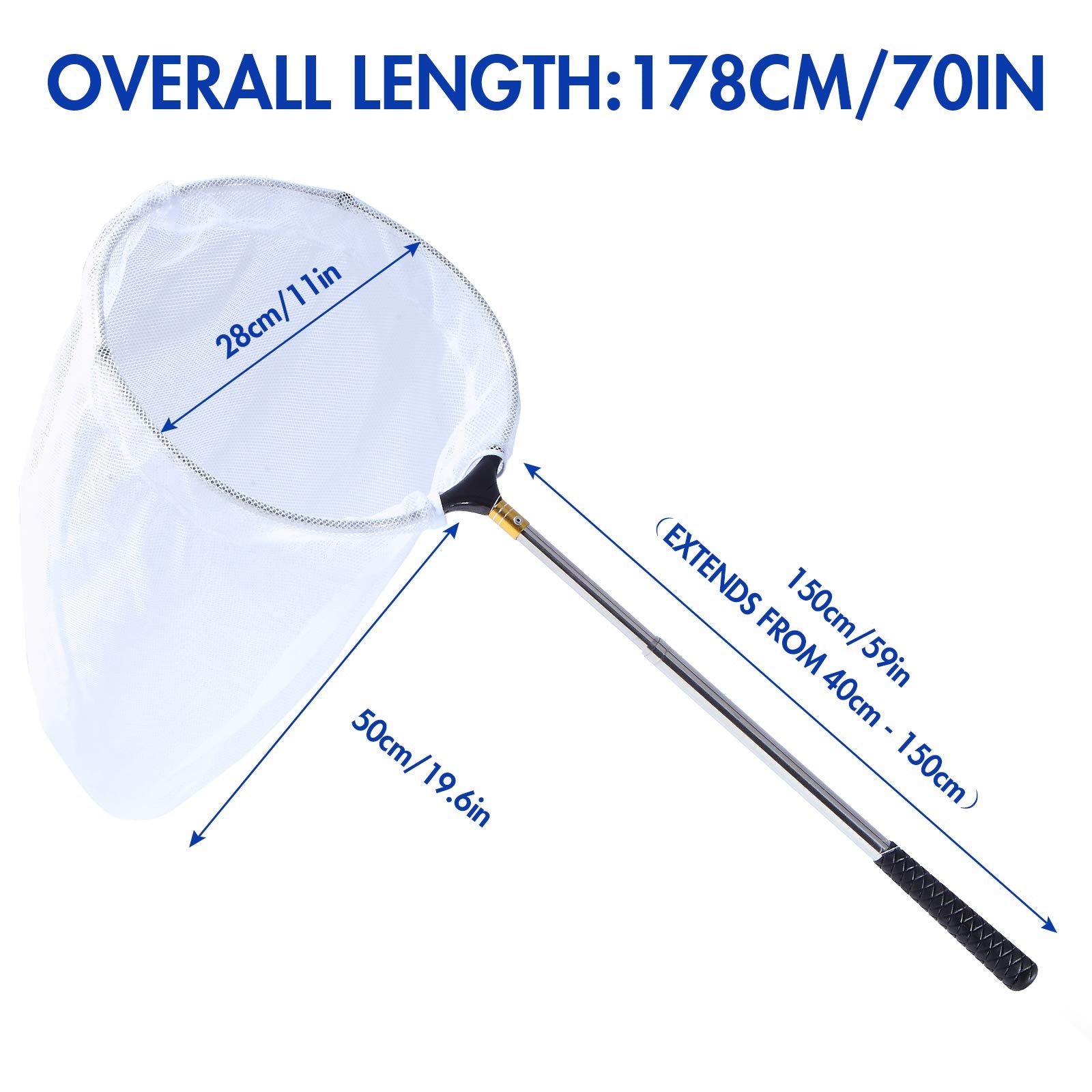 Rngeo Telescopic Butterfly Net, Stainless Steel Extendable Fishing, 15 in - 70 in Insect Toy Nets for Kids and Family (Silver)