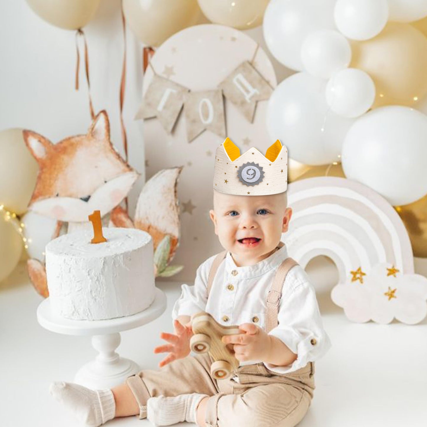 Sherkarmiu Baby Photo Prop Crown with Interchangeable Numbers 1-9, Cream Felt Birthday Milestone Hat for Newborn Infant Photography, Baby Gift