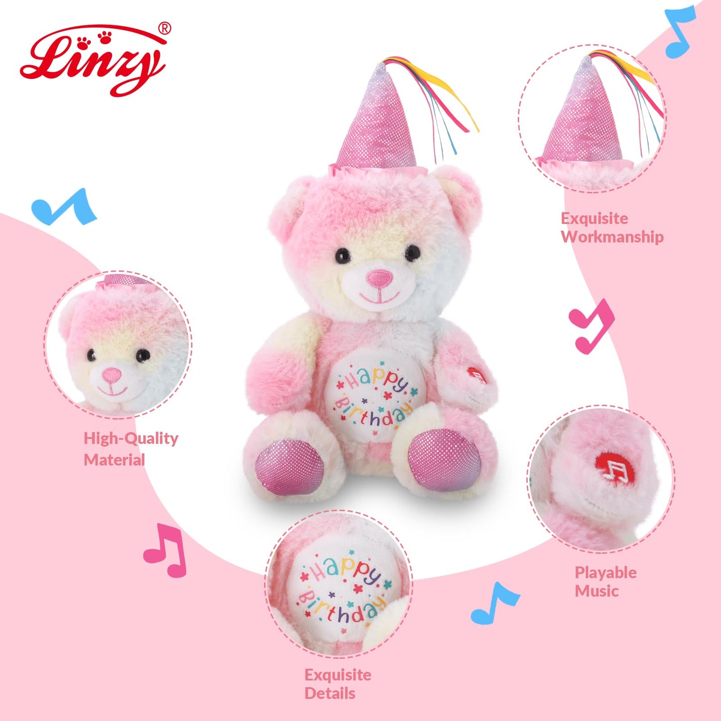 Linzy 8.5” Light Up Bear Stuffed Animal with Party Hat & Cupcake, Soft Musical Plush Toy with Magic LED Lights, Glowing Cute Plushie Teddy Bear