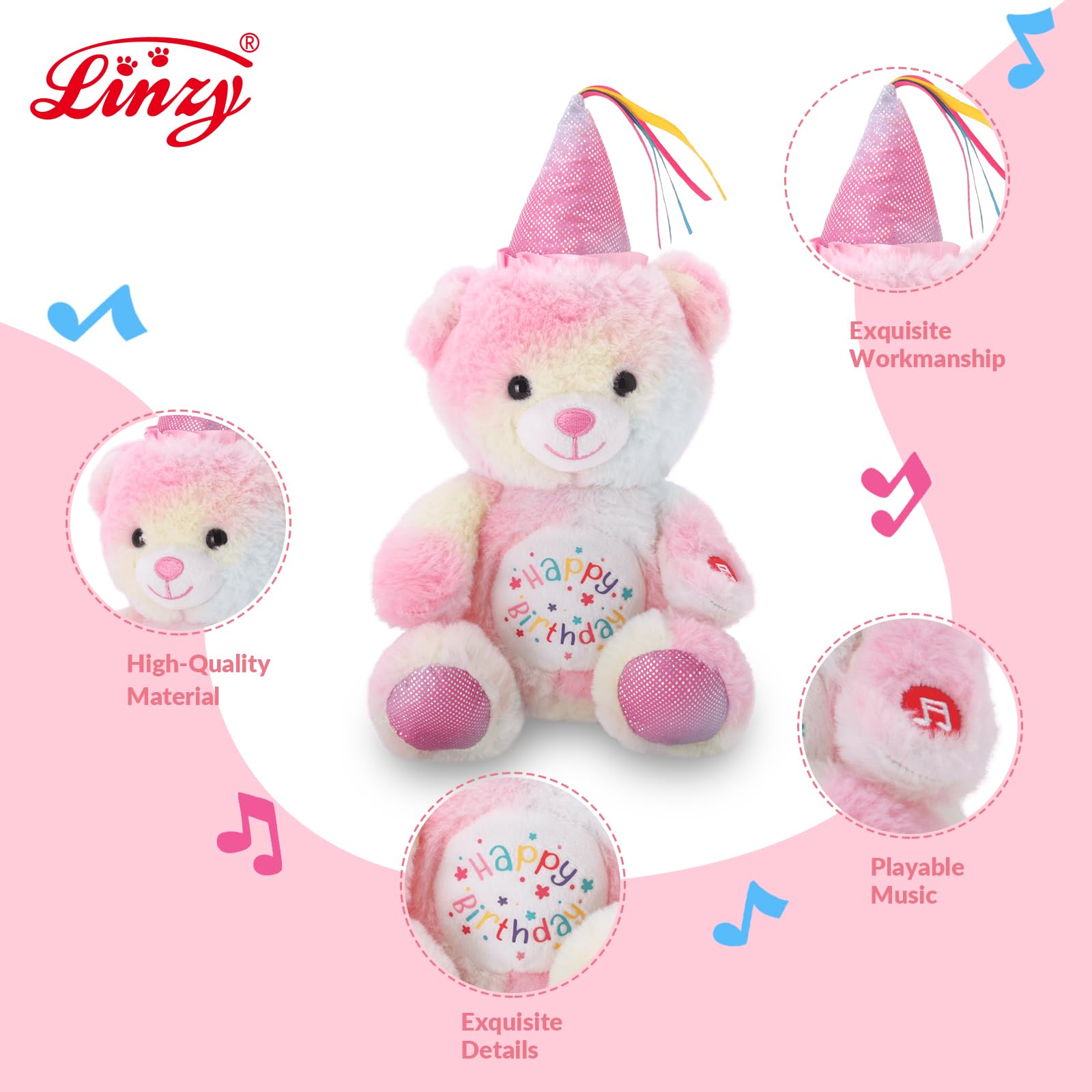 Linzy 8.5” Light Up Bear Stuffed Animal with Party Hat & Cupcake, Soft Musical Plush Toy with Magic LED Lights, Glowing Cute Plushie Teddy Bear