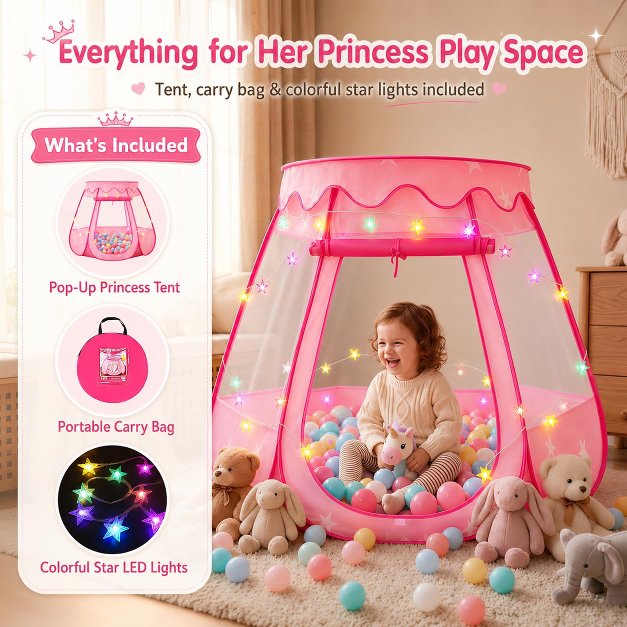 TIKTENT Pop Up Princess Tent with Star Lights, Toddler Toys for Girl Gift