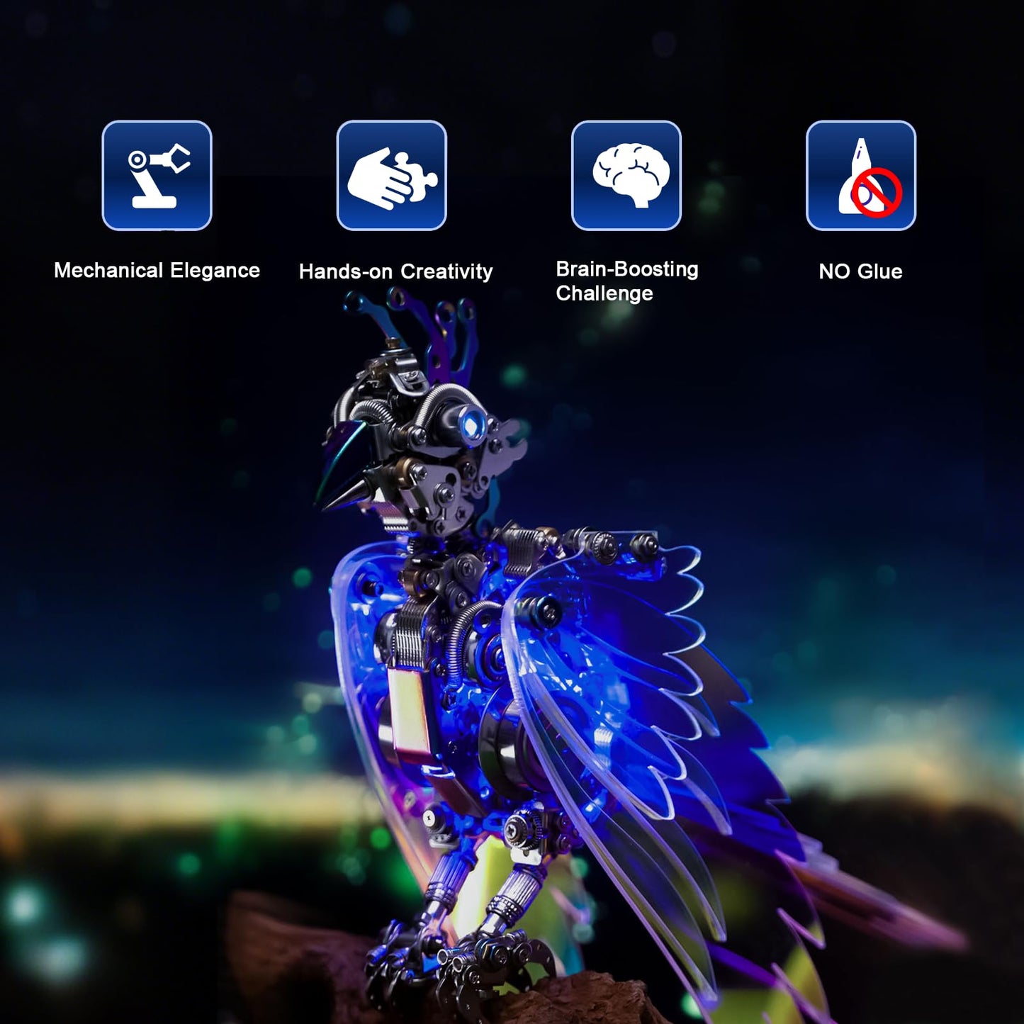 Arcynix Mostarle CockaFlare 3D Metal Mechanical Bird Puzzle Kit, 616 Pieces, Cyberpunk Style with LED Lights, Movable Wings, DIY Model for Adults