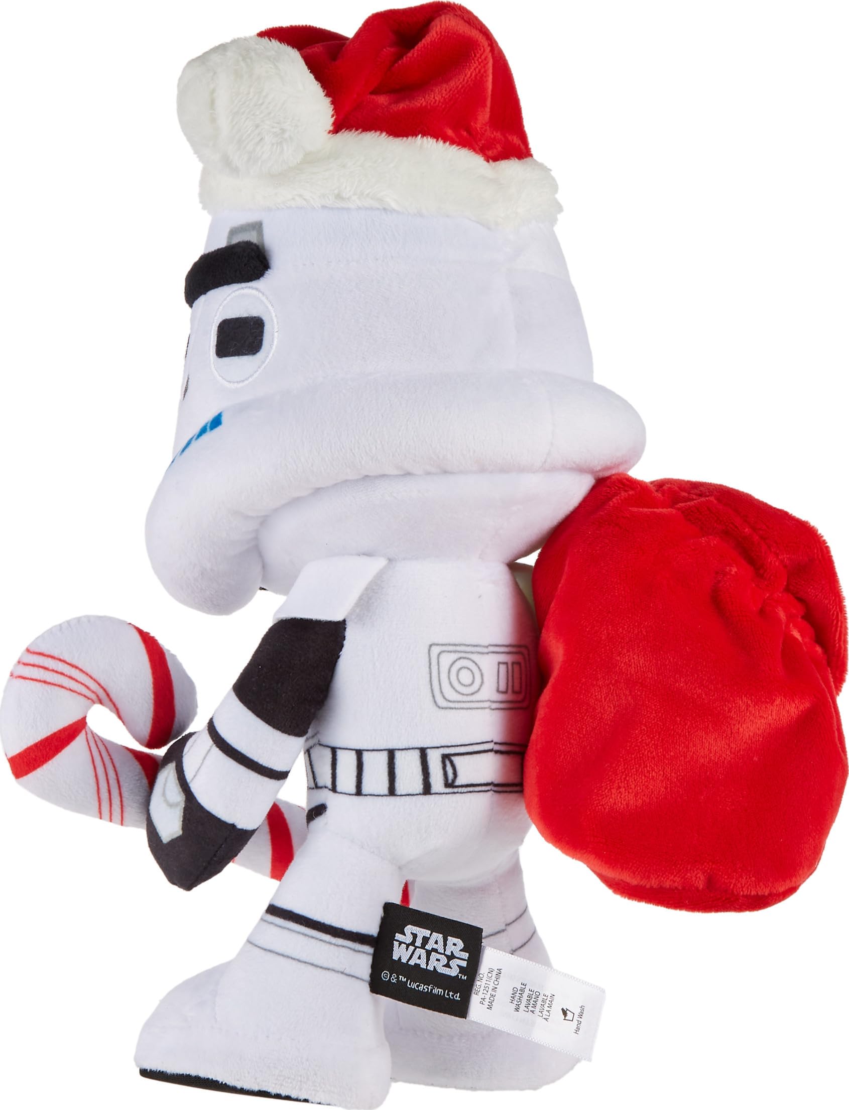 Mattel Star Wars Stormtrooper Plush Doll & Ornament, 10-inch Soft Toy with Santa Cap, Candy Cane & Sack that Stores the Holiday Decoration