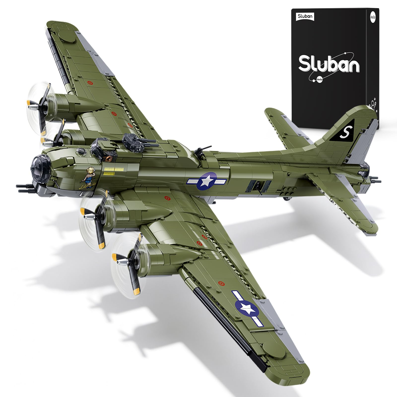 Sluban B-17 Flying Fortress Bomber Plane Building Blocks Set, 1270PCS WW2 Classic Military Fighter Aircraft Models with Display Stand, Army Airplane