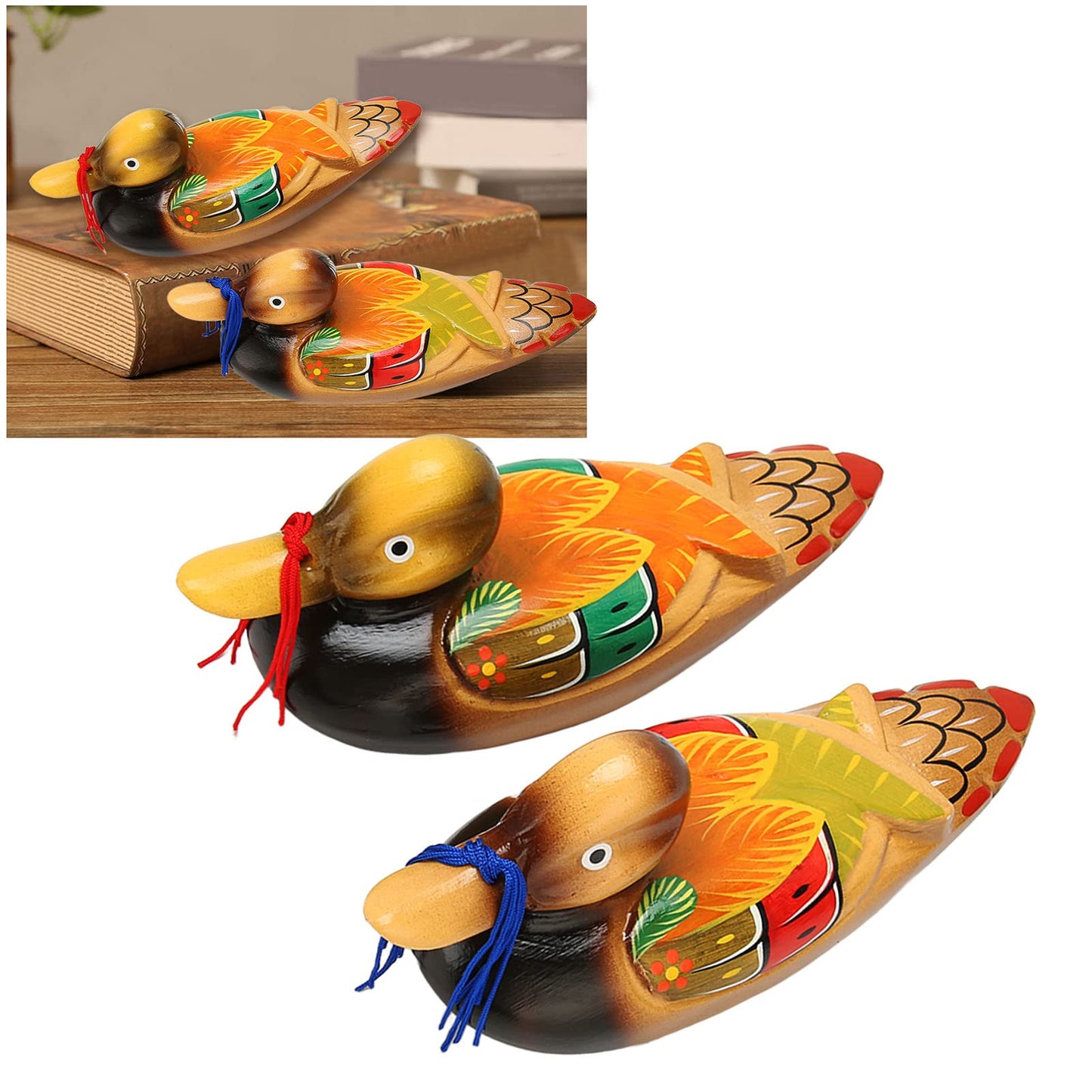Fnskatzici 2Pcs Wooden Mandarin Duck Statues - Hand Painted Feng Shui Decor for Love & Fidelity - 8.7 Inch Large Asian Art Figurines - Great Wedding &