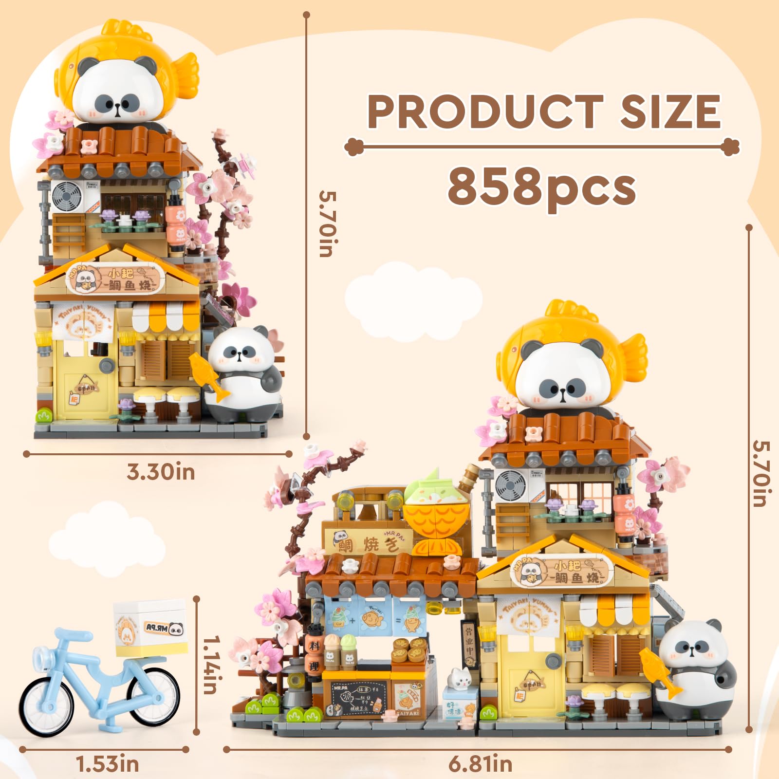 Finger Rock Street View Mini City Taiyaki Shop Building Set, Cute Panda Animals Building Toys Creative Architecture Set, Ideas Gifts for Adults Teens