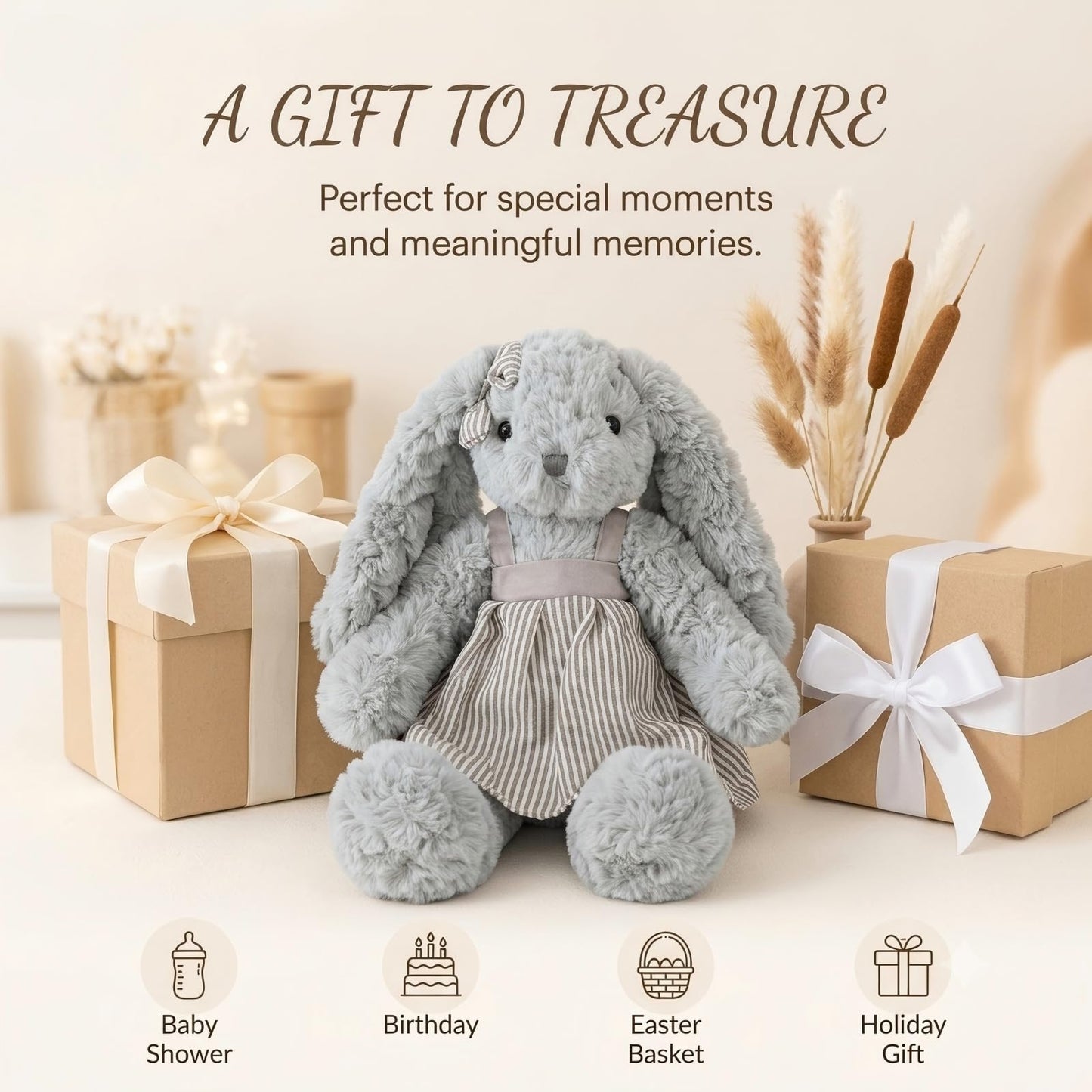 BiluKano 12" Floppy Bunny Stuffed Animal, Ultra Soft Plush Bunny Rabbit with Striped Dress & Bow, Easter Bunny Plush for Baby Girls, Stuffed Bunny