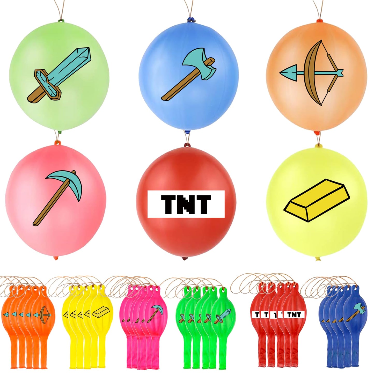 30Pcs Pixel Punch Balloons, Thickened Neon Punching Balloon Heavy Duty Party Favors with Rubber Band Handle, Bouncy Balls for Birthdays, Games, Goodie