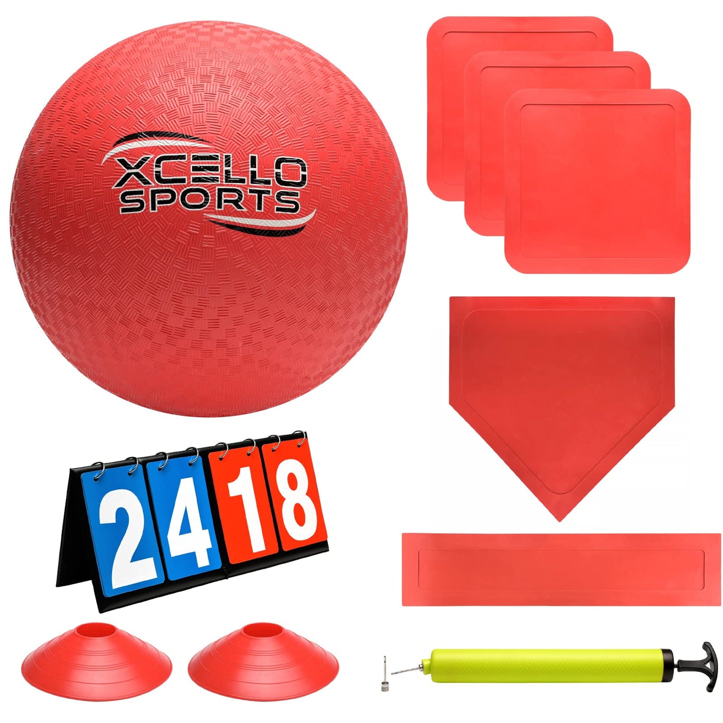 Xcello Sports Kickball Set - 10" Playground Ball, Throw Down Bases, Foul Marker Discs, 12" Pump and Scoreboard